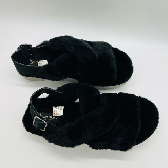 Koolaburra By UGG Black Faux Fur Criss Cross Strap Sandals Size 10 - Picture 8 of 15